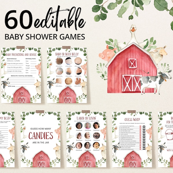Editable Farm Baby Shower Game Bundle, Greenery Farm Baby Shower Game Pack, Boy Farm Baby Shower, Boy Farm Animals, Barn Games, BBS253