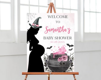 Bearbeitbares Willkommensschild „Ein Baby braut sich zusammen“ für eine rosa Halloween-Babyparty, Willkommensposter für Mädchen zur Halloween-Babyparty, Hexen-Deko, BBS429