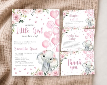 Editable Pink Girl Elephant Baby Shower Invitation Bundle, Pink Floral Elephant Baby Shower Invitation Pack, Girl Baby Elephant BBS593