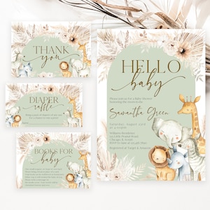 Editable Boho Safari Hello Baby Baby Shower Invitation Bundle, Wild One Safari Baby Shower Invite Pack, Safari Animals Baby Shower, BBS505