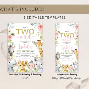 May include: Two birthday invitation templates. The design features the text "She's Two Wild" in gold glitter, with floral and animal illustrations. The invitation is for Isabel's 2nd birthday, with details for printing and emailing, and texting.