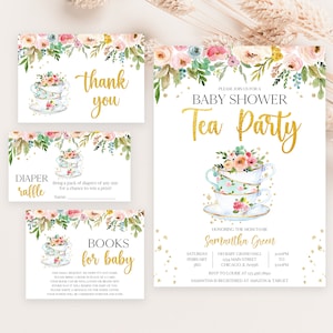 Lot d'invitations modifiables pour une fête de thé dans le jardin, lot d'invitations florales pour une fête de naissance du thé, fête de naissance pour une fête de thé dans le jardin pour fille, BBS641