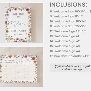 May include: Two printable signs for a baby shower. The first sign says "Welcome to Madison's Baby Shower 03.28.2024" with a floral border. The second sign says "Guess the Arrival of Baby Chloe" with a floral border and a calendar grid.