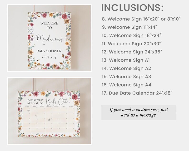 May include: Two printable signs for a baby shower. The first sign says "Welcome to Madison's Baby Shower 03.28.2024" with a floral border. The second sign says "Guess the Arrival of Baby Chloe" with a floral border and a calendar grid.