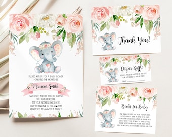 Editable Pink Elephant Baby Shower Invitation Bundle, Girl Pink Elephant Baby Shower Invitation Pack, Pink Elephant Baby Shower, BBS155