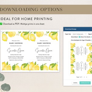 May include: Baby shower invitation with a lemon theme. The invitation features watercolor lemons and green leaves. The text reads "Baby Shower" and includes event details. The design is available for home printing.