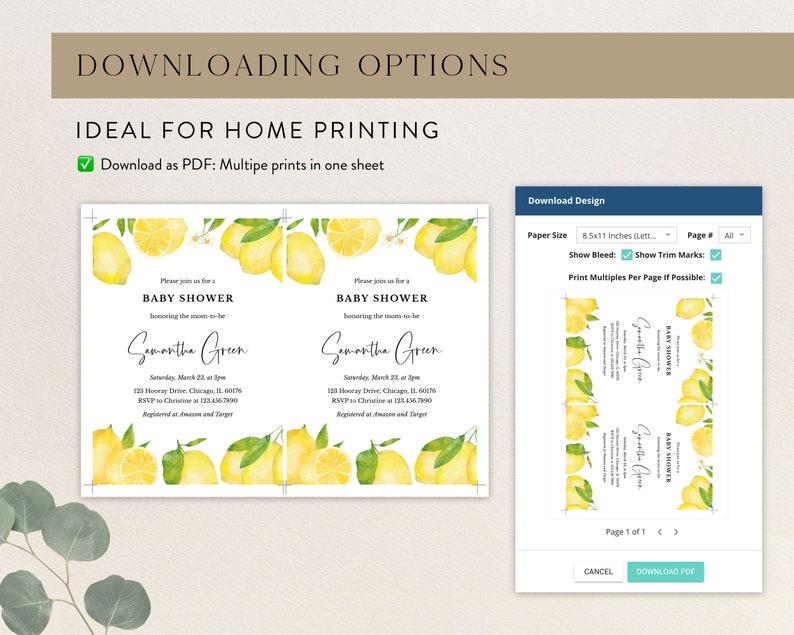 May include: Baby shower invitation with a lemon theme. The invitation features watercolor lemons and green leaves. The text reads "Baby Shower" and includes event details. The design is available for home printing.