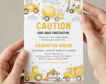 Editable Baby Under Construction Baby Shower Invitation, Modern Construction Invite, Dump Trucks Excavator Baby Shower Invite, BBS1021