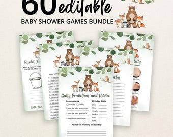 May include: A bundle of 60 editable baby shower game cards featuring watercolor forest animals including a bear, deer, fox, and raccoon, decorated with green eucalyptus leaves. The cards include titles like Baby Predictions and Advice and Bucket List.