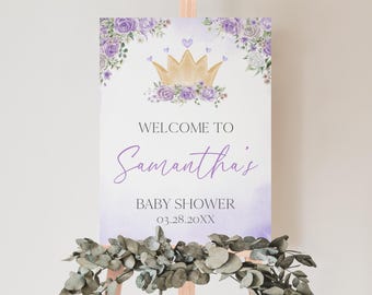 Editable Purple Little Princess Baby Shower Welcome Sign, Purple Floral Princess Baby Shower Poster, Princess Crown Shower Decor, BBS1053