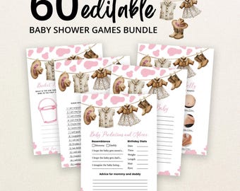 May include: A bundle of 60 editable baby shower game cards featuring a pink cow print background. Each card displays a clothesline illustration with a hat, vest, dress, and boots. The text includes Baby Predictions and Advice with lines.