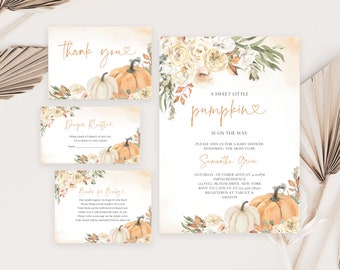 Editable Little Pumpkin Baby Shower Invitation Bundle, Fall Rustic Pumpkin Baby Shower Invite, Gender Neutral Pumpkin Baby Shower, BBS436