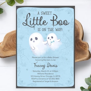 Editable A Little Boo Baby Shower Invitation, Blue Halloween Baby Shower Invite, Boy Ghost Halloween Baby Shower Invitation, BBS271