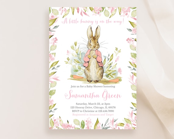 Editable Peter Rabbit Baby Shower Invitation, Pink Peter Rabbit Baby Shower Invite, Girl Peter Rabbit Baby Shower Invite, BBS300