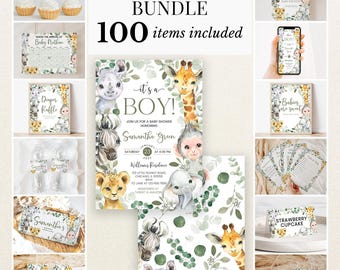 Editable It's a Boy Safari Baby Shower Bundle, Safari Jungle Baby Shower Invitation Pack, Greenery Safari Animals Game Package, BBS730