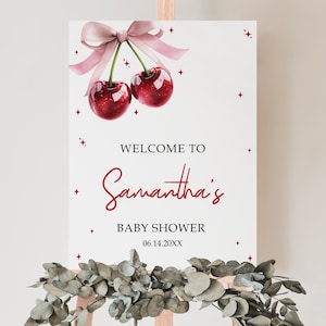 Editable She&#39;s the Cherry on Top Baby Shower Welcome Sign, Bow Cherry Shower Poster, Coquette Cherry Pink Bow Shower Decor, BBS1017
