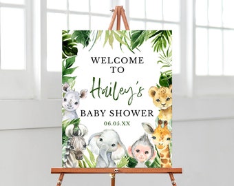 May include: Welcome to Hailey's Baby Shower sign with a jungle theme. The sign features a watercolor illustration of a zebra, elephant, monkey, giraffe, and lion surrounded by green leaves.