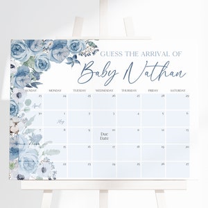 Bearbeitbarer Junge Baby in Bloom Babyparty Erraten Sie die Ankunft des Babys, Blaue Frühlingsblumen Babyparty Fälligkeitsdatumskalender, Junge Wildblumendusche, BBS603