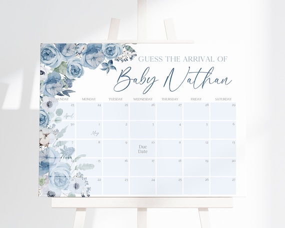 Editable Boy Baby in Bloom Baby Shower Guess Baby's Arrival, Blue Spring Flowers Baby Shower Due Date Calendar, Boy Wildflower Shower,BBS603