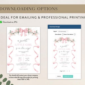 May include: A pink and white baby shower invitation featuring a pink bow and floral design. The text reads "a sweet little girl is on her way!" and includes the date and time of the event. The invitation is available to download as a JPG.