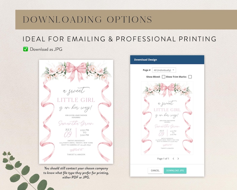 May include: A pink and white baby shower invitation featuring a pink bow and floral design. The text reads "a sweet little girl is on her way!" and includes the date and time of the event. The invitation is available to download as a JPG.
