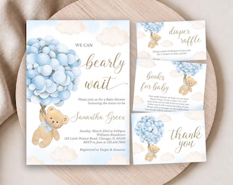 Peut inclure: Un ensemble de faire-part de baby shower avec un ours en peluche aquarelle tenant un grand bouquet de ballons bleu clair. Le texte indique : WE CAN bearly wait, Samantha Green, Sunday, March 23rd at 3:00pm, Williams Residence, 123 Little Peanut Road.