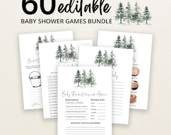 Peut inclure: Un lot de 60 cartes de jeux pour fête prénatale modifiables avec des illustrations d'arbres en pin à l'aquarelle. Les cartes incluent diverses activités comme Baby Predictions and Advice, avec du texte noir sur papier blanc.