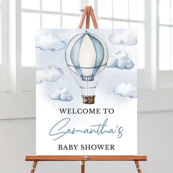 L'avventura modificabile attende il cartello di benvenuto del baby shower, il poster della mongolfiera blu per il baby shower, l'avventura del ragazzo attende l'arredamento del baby shower, BBS317