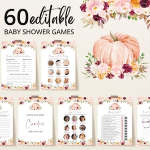 Editable Burgundy Little Pumpkin Baby Shower Game Bundle, Fall Floral Pumpkin Baby Shower Game Pack, Girl Pumpkin Baby Shower Games, BBS474