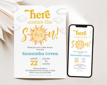 Faire-part de baby shower modifiable soleil, invitation de shower de bébé fils Here Comes the Son, Shower de bébé garçon, Boho Sunshine Shower, BBS1007