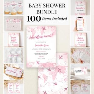 May include: A baby shower bundle featuring 100 items with a pink watercolor world map and airplane theme. Includes invitations, signs, cupcake toppers, water bottle labels, candy bar wrappers, thank you tags, and game cards with text Adventure Awaits.
