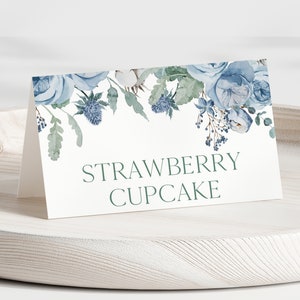 Bewerkbaar babyshower babyshower voedseletiket, blauwe lentebloemen babyshower tentkaart, babyshower jongen wilde bloemen, BBS603