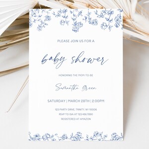 Editable Boy Dusty Blue Floral Chinoiserie Baby Shower Invitation, French Toile Baby Shower Invite Pack, Boy Toile Baby Shower, BBS862