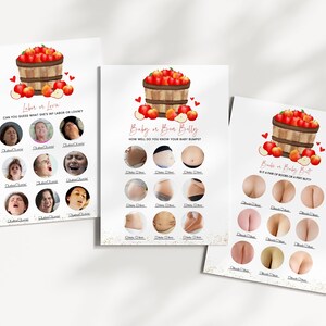 May include: Three white cards with baby shower games. Each card features a watercolor illustration of a wooden basket overflowing with red apples. The games include "Labor or Love," "Baby or Beer Belly," and "Boobs or Baby Butt."