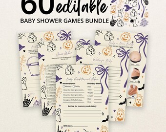 May include: A bundle of 60 editable baby shower game cards featuring a cream background with purple and orange Halloween-themed illustrations including pumpkins, ghosts, bows, and skeletons. The text includes titles like Baby Predictions and Advice.