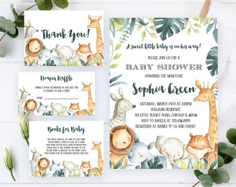 May include: A baby shower invitation with a jungle theme. The invitation features a watercolor illustration of a giraffe, zebra, lion, rhino, and elephant. The text on the invitation reads "A sweet little baby is on his way!" and "Sophia Green".