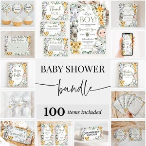 Editable It&#39;s a Boy Safari Baby Shower Bundle, Safari Jungle Baby Shower Invitation Pack, Greenery Safari Animals Game Package, BBS730
