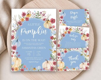 May include: A baby shower invitation set featuring a light blue arch design with watercolor illustrations of pumpkins and wildflowers. The text reads A LITTLE PUMPKIN IS ON THE WAY, honoring Samantha Green on October 13, with matching raffle and thank you cards.