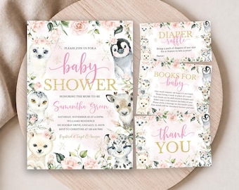 Könnte beinhalten: Ein Babyparty-Einladungsset mit Aquarellillustrationen von einem Seehund, Pinguin, einer Eule, einem Reh und einem Leopardenbaby, umgeben von rosa Rosen und goldenen Schneeflocken. Der Text enthält die Veranstaltungsdetails für Samantha Green.