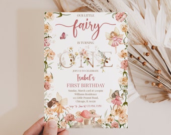 Editable Little Fairy First Birthday Invitation, 1st Birthday Wildflower Fairy, Girl Pink Floral Fairy Birthday Invitation, BRT074