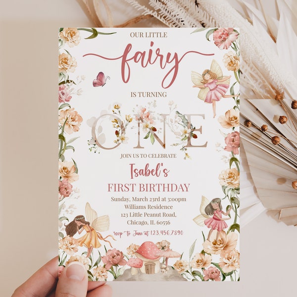 Editable Little Fairy First Birthday Invitation, 1st Birthday Wildflower Fairy, Girl Pink Floral Fairy Birthday Invitation, BRT074