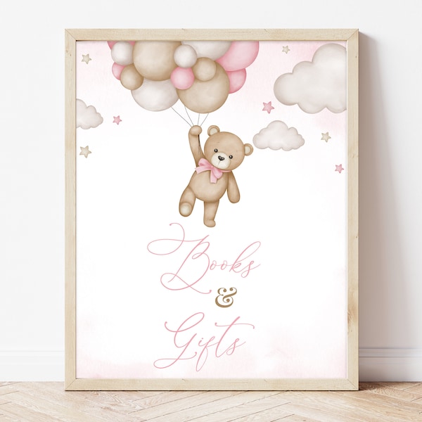 Books and Gifts Sign Brown Bear Balloon Baby Shower, We Can Bearly Wait Baby Shower Gifts Table Sign, Pink Boho Bear Girl Decor, BBS389