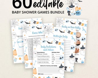 Op de afbeelding: Een bundel van 60 bewerkbare babyshower-spelkaarten met een Halloween-thema, voorzien van illustraties van spoken, zwarte katten, pompoenen, spinnenwebben en vlaggetjes. De tekst bevat titels zoals Guess Who, Wishes for Baby en Baby Predictions and Advice.