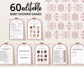 Bearbeitbares Cielito Lindo Mädchen-Babyparty-Spielpaket, Pink Mexikanisches Talavera-Spielpaket, Mädchen Pink Papel Picado-Babypartyspiele, BBS1068