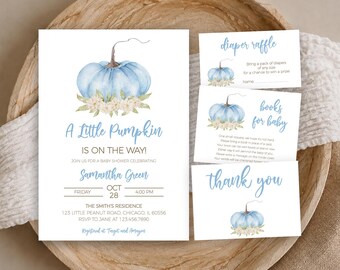 May include: A baby shower invitation set featuring a light blue watercolor pumpkin with white flowers. The text reads A Little Pumpkin IS ON THE WAY, Samantha Green, Oct 28, 4:00 PM, The Smith's Residence, 123 Little Peanut Road, Chicago, IL 60556.