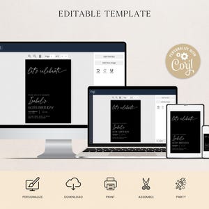 May include: Editable template for a 60th birthday invitation. The invitation features a black background with white text that says "Let's celebrate" and "Isabel's 60th Birthday".