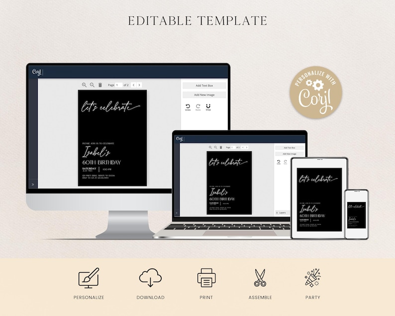 May include: Editable template for a 60th birthday invitation. The invitation features a black background with white text that says "Let's celebrate" and "Isabel's 60th Birthday".