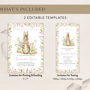 Pu&ograve; includere: Due modelli modificabili per un invito a una festa di baby shower. L'invito presenta un'illustrazione ad acquerello di Peter Rabbit con una giacca rosa, circondato da fiori rosa e foglie verdi. Il testo dell'invito recita "Un piccolo coniglietto &egrave; in arrivo!" e "Unisciti a noi per una Baby Shower in onore di Samantha Green".