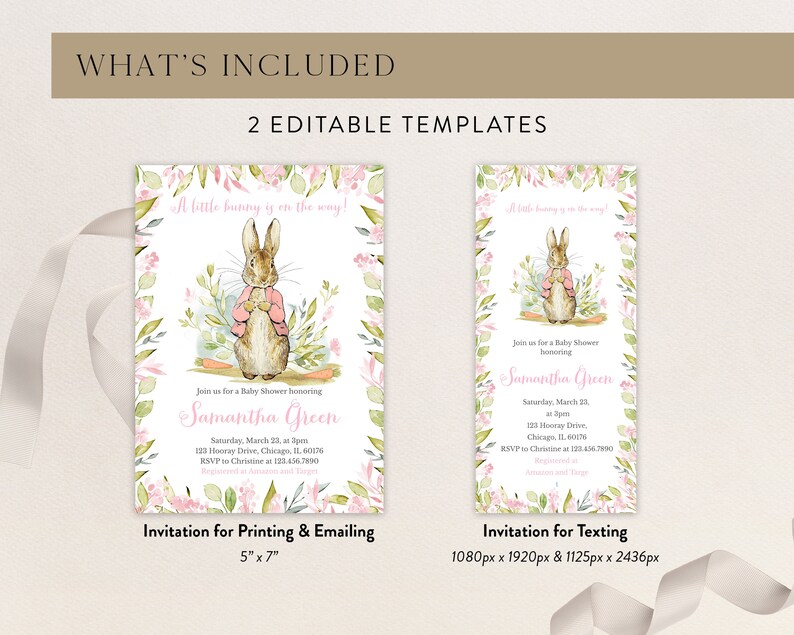 Pu&ograve; includere: Due modelli modificabili per un invito a una festa di baby shower. L'invito presenta un'illustrazione ad acquerello di Peter Rabbit con una giacca rosa, circondato da fiori rosa e foglie verdi. Il testo dell'invito recita "Un piccolo coniglietto &egrave; in arrivo!" e "Unisciti a noi per una Baby Shower in onore di Samantha Green".