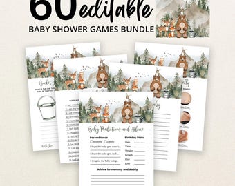 Peut inclure: Un lot de 60 cartes de jeux de fête prénatale modifiables avec des illustrations à l'aquarelle d'un ours, d'un cerf, d'un renard et d'un raton laveur dans une forêt de montagne. Les cartes incluent du texte pour des prédictions et conseils.